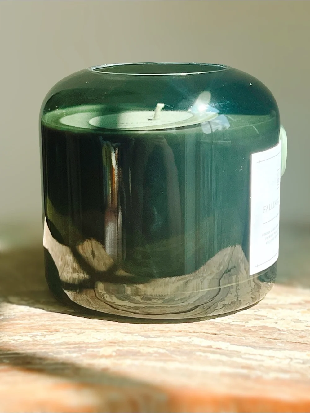 NEW Ninety Six Falling Leaves Candle 16 OZ Forest Green Glass Vessel